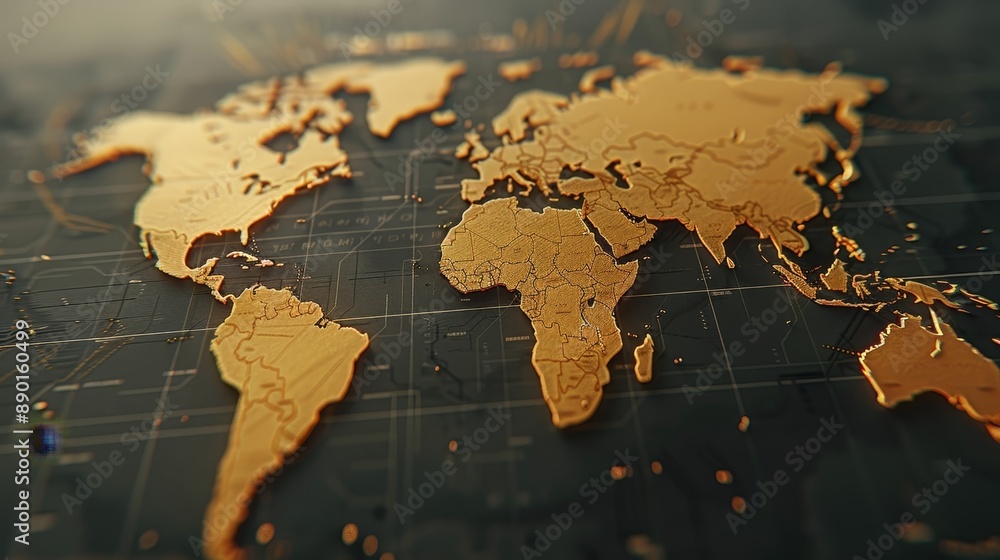 Poster Illuminated 3D World Map on Dark Digital Interface, Representing Global Connectivity and Technology.