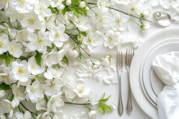 Table Setting. Spring Dinner Decoration with White Flowers on Background