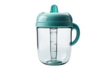 A Teal-Colored Sippy Cup With A Spout And Measuring Lines For Little Ones on a Clear PNG or White Background.