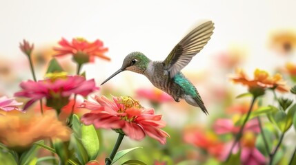 Obraz premium Hummingbird hovering over bright flowers, 3D rendering, isolated on white background