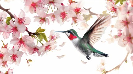 Fototapeta premium Hummingbird feeding on vibrant blossoms, photorealistic, isolated on white background