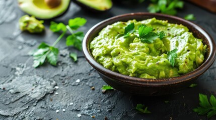 Obraz premium Bowl of guacamole made with avocados and herbs, creamy and vibrant green, plantbased dip
