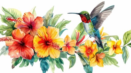 Hummingbird in a bouquet of tropical flowers, bold colors, isolated on white background