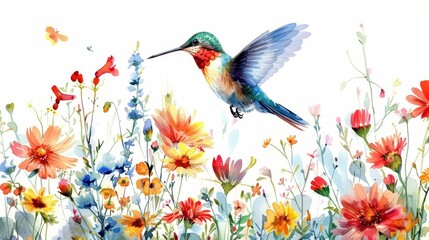 Hummingbird in an ethereal garden of flowers, dreamlike quality, isolated on white background