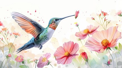 Playful hummingbird with whimsical flowers, childrens book illustration, isolated on white background