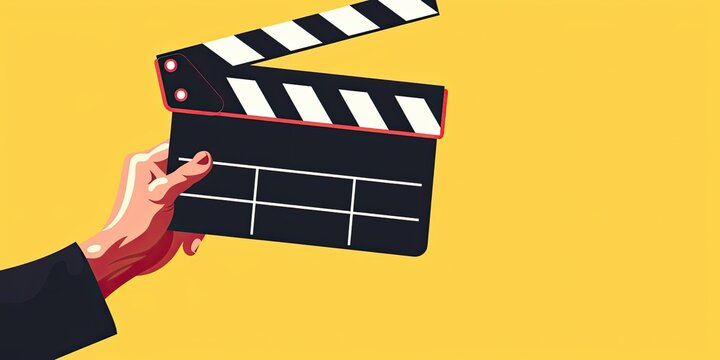 Hand Holding Film Clapboard on Yellow Background