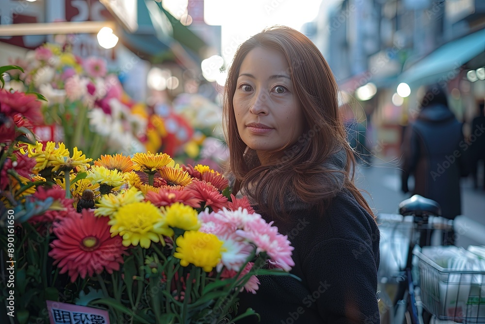 Canvas Prints a woman standing next to a bunch of flowers