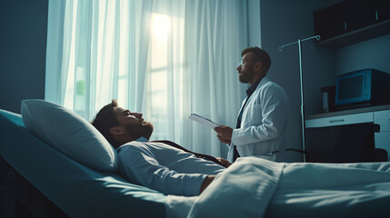 Obraz premium Doctor taking notes at the bedside Patients in hospital rooms psychological counseling