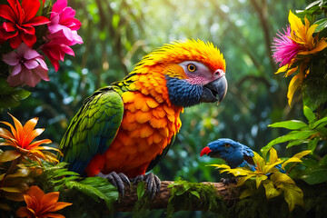 Fototapeta premium rare birds in lush rainforests and jungles. Brightly colored parrots sit on trees