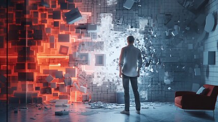 Designer stands and analyzes a holographic display of a home interior model.