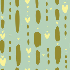Seamless pattern with  yellow hearts and abstract line on mint background, Valentine's day pattern. Vector illustration.	
