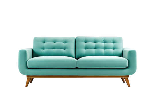 A Mint Green Sofa With Buttoned Cushions and Wooden Legs on a Clear PNG or White Background.