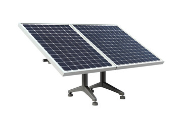 Dual Solar Panel Array Tilted Towards the Sun on a Tripod Stand on a Clear PNG or White Background.