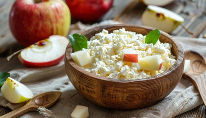 A visually appealing bowl of cottage cheese mixed with apple cubes, showing a fresh and healthy combination placed on a fabric napkin with sliced apples around.