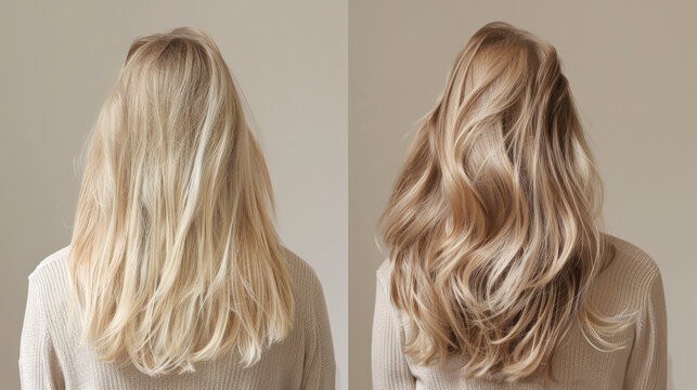 Before and after using a Parisian hair product, a young blonde woman's hair transforms from dirty and limp to voluminous and shiny.