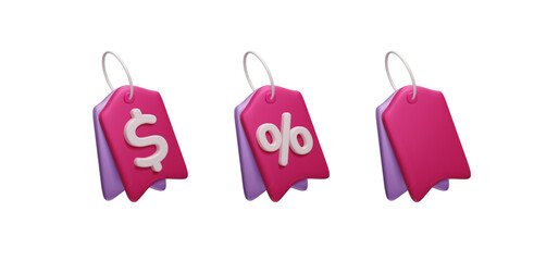 Set of different 3D price tags isolated on white. Magenta pink dollar price tag, discount percent label, empty double gift tag. Online shopping, special offer, retail commercial price tag 3D icon set.