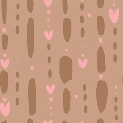 Seamless pattern with hearts and abstract line on brown background, Valentine's day pattern. Vector illustration.	
