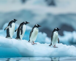 Obraz premium Four penguins stand proudly on an ice sheet in a cold, icy landscape, portraying their resilience and adaptability to the harsh, frozen environment they call home.