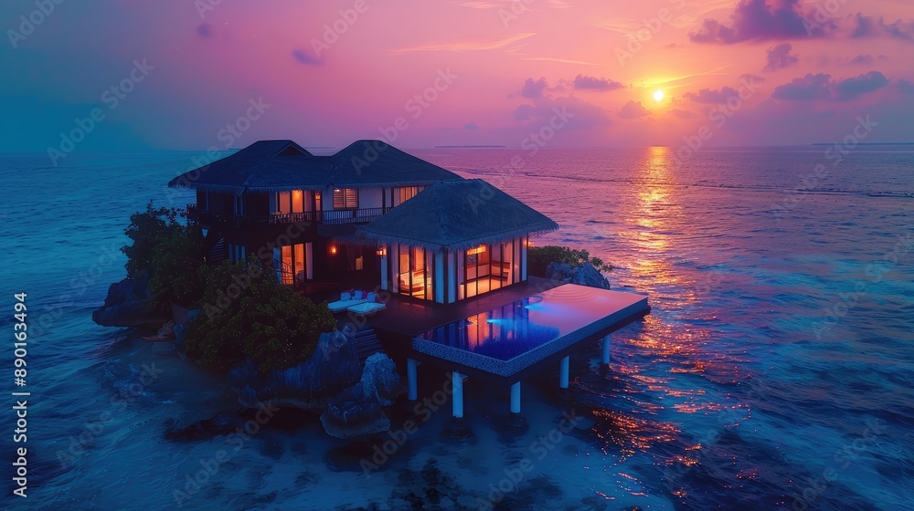 Wall mural luxurious overwater villa at sunset, featuring an infinity pool and stunning ocean views, perfect fo