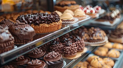 A display of assorted pastries and cakes in a bakery, featuring a variety of chocolate and cream-topped desserts