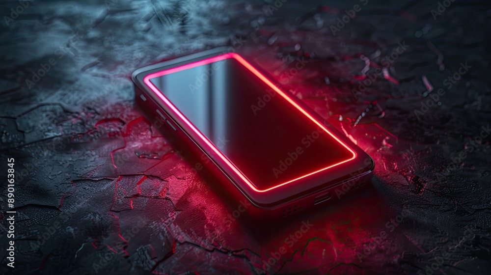 Poster modern smartphone with glowing edges lying on a dark textured surface, highlighting advanced technol