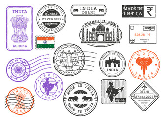 India travel stamps set, postage stamps with symbols and cities of of Republic of India, vector