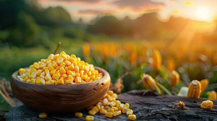A bowl filled with fresh yellow corn kernels placed on a wooden surface against a blurred background of a cornfield at sunset