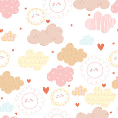 Seamless kids pattern with clouds, sun and hearts on white background. Vector illustration.