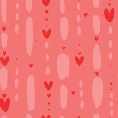 Seamless pattern with red hearts and abstract line on pink background, Valentine's day pattern. Vector illustration.