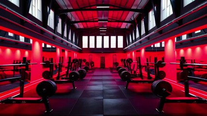 A futuristic gym with red lighting and rainbow LED strips. Symmetrical weightlifting benches and racks stretch into the distance, highlighting organized equipment and a clean floor - Powered by Adobe