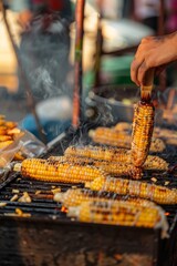 Asian street food vendor grilling skewers, cooking food on the street, Generative AI