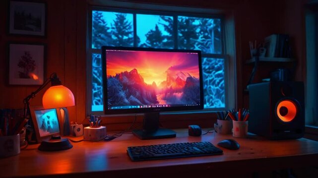 Cozy home office with a desktop computer showing a mountain lake scene, warm desk lamp, snowy window view, and festive Christmas tree