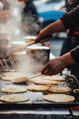 Fototapeta premium Asian street food vendor grilling skewers, cooking food on the street, Generative AI