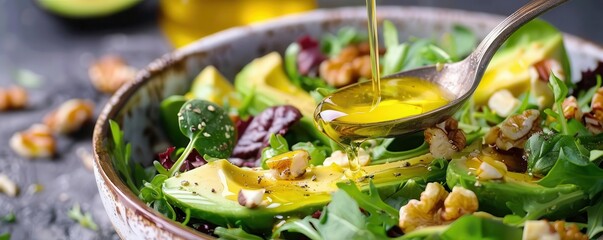 Salad with avocado, nuts, and olive oil dressing, fresh and healthy, plantbased diet