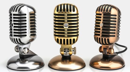 Three Vintage Microphones in Silver, Gold, and Bronze