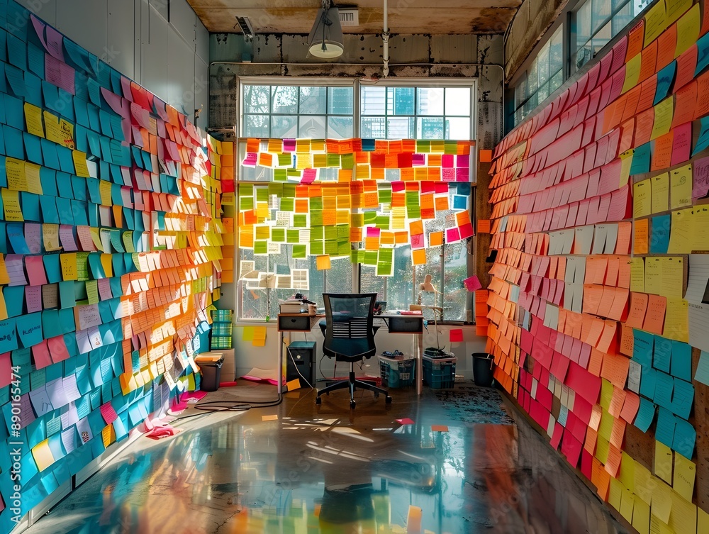 Poster vibrant startup office with colorful notes and team brainstorming session