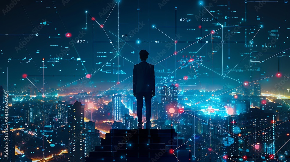 Poster man looking at a cityscape with digital network of progress connect the world.