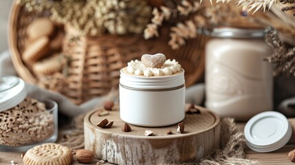 White Jar With Whipped Cream Topping on Wooden Slice
