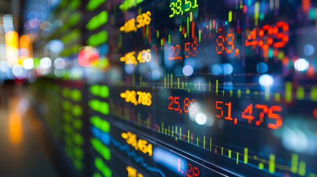 Stock market display with ever changing numbers for illustrating financial fluctuations investment decisions economic dynamics and the game of risk and reward trading concept.