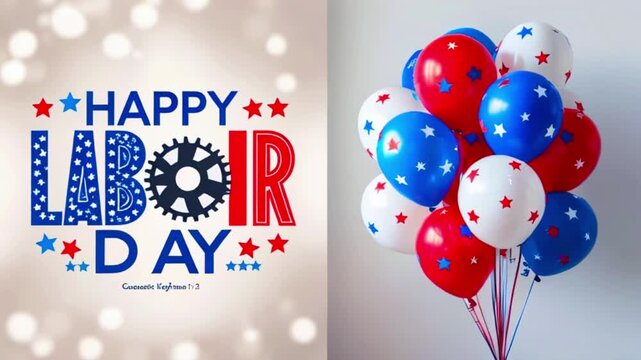 Festive Labor Day design: bold "HAPPY LABOR DAY" with stylized "LABOR" in blue and red, gear symbol for 'O'. Red/blue stars, "Custom Graphics" below. Balloons and stars on the right