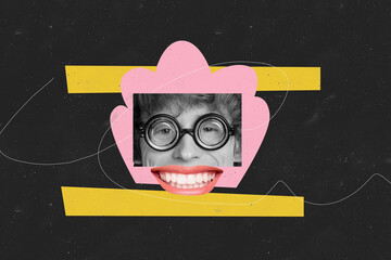 Creative picture collage young man mouth face fragment psychedelic concept smile toothy cheerful...