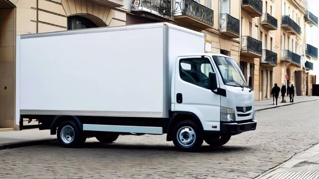 A modern white box truck is parked on a cobblestone street, surrounded by urban multi-story buildings in orange, beige, and white, under a calm daytime sky.