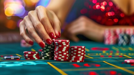 Woman Placing Red Chips on Roulette Table