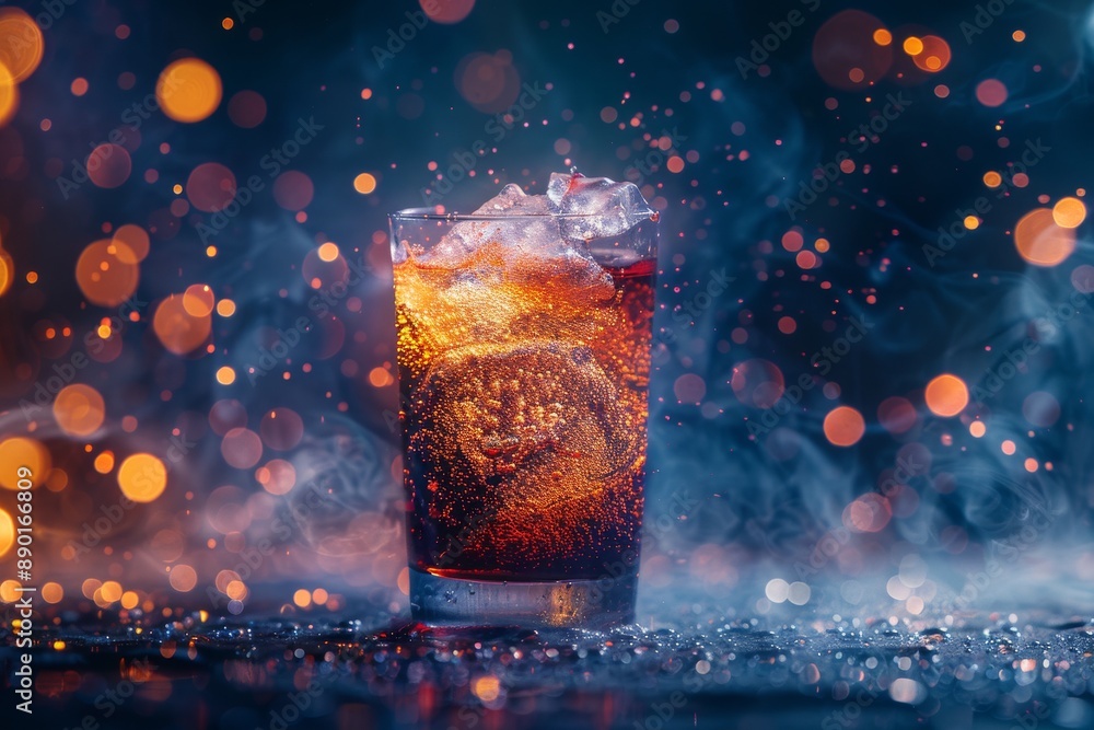 Poster Sparkling Soft Drink with Ice Cubes and Bokeh Lights