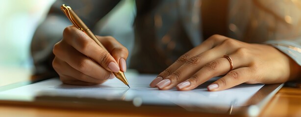 Closeup of a businesswomans hand signing a digital contract on a tablet, with ample copy space, more clarity with clear light and sharp focus, high detailed