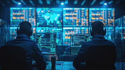 Cyber Financial Crime. Hackers breaking into financial systems, with dark screens showing lines of code, breached security alerts, and stolen data