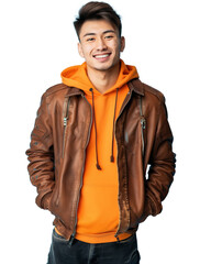 Fototapeta premium A cheerful young man wearing an orange hoodie under a brown leather jacket, smiling confidently against a blue background. His casual and stylish attire, transparent background