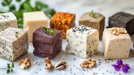 Vegan cheeses made from nuts, assorted colors and textures, plant fat alternatives