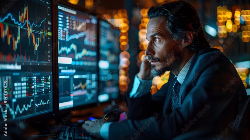 Aufkleber financial analyst monitoring market data on multiple screens in modern tech driven office
