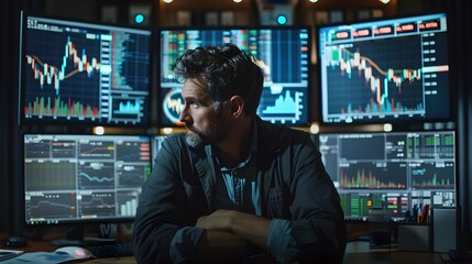 Finance Analyst Examines Market Data on Multiple Screens in Modern Tech Driven Office